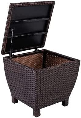 Sundale Outdoor Small Deck Storage Box with Lid, 13 Gallon Outdoor Bin Storage Container for Hose Cushion Towel, Patio Fully Assembled Brown Wicker Side Table with Storage - Rattan