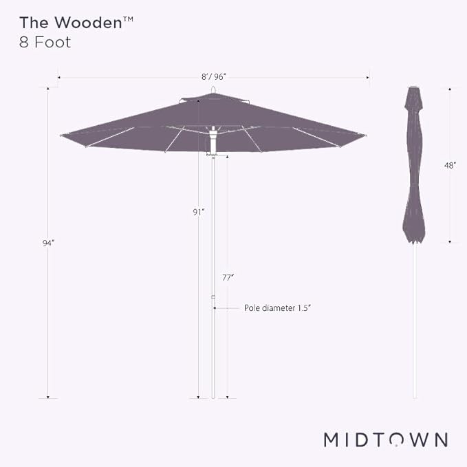 Midtown Umbrellas The Wooden 8 Feet Patio Umbrella With Sunbrella Canvas Navy Acrylic Fabric - Aluminum Frame Market Umbrella For Backyard, Deck, Garden, Pool - Wooden Pole