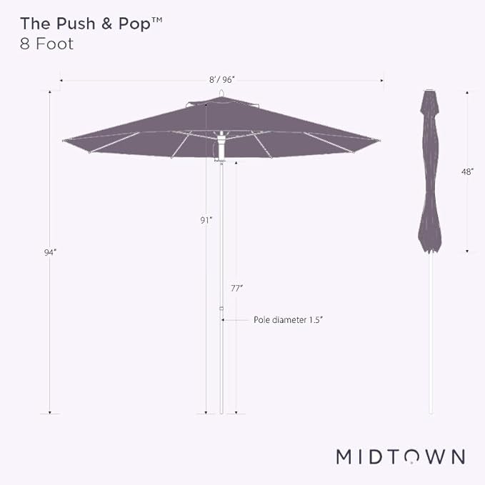 Midtown Umbrellas Push Pop Sunbrella Umbrella 8 Feet Outdoor Umbrella in Canvas Glacier Acrylic Fabric - Patio, Backyard, Garden, Picnic Table & Pool - Black Pole