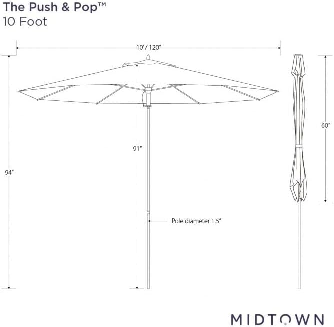 Midtown Umbrellas Push and Pop 10 Feet Outdoor Umbrella, Sand (Tan) Polyester Fabric - Fiberglass Ribs Deck Patio Umbrella, Backyard Umbrella, Garden Umbrella & Pool Umbrella - Black Pole