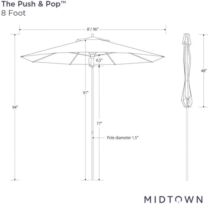 Midtown Umbrellas The Wooden 8 Feet Patio Umbrella With Terylast Navy (Navy Blue) Polyester Fabric - Aluminum Frame Market Umbrella For Backyard, Deck, Garden, Pool - Wooden Pole
