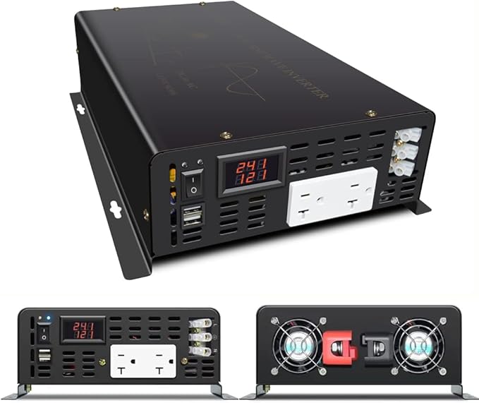 3000Watt Pure Sine Wave Power Inverter 24VDC to 120VAC 6000W Peak Built-in Soft Starter Dual AC Outlets 2× 2.4A USB Port &Hardwire Terminal Off-Grid Solar Converter RV Trucks (U5-300024)