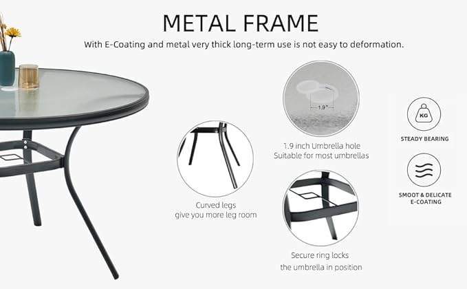 5-Piece Outdoor Patio Dining Set, 40-Inch Round Glass Table with 4 Stackable Chairs, Grey