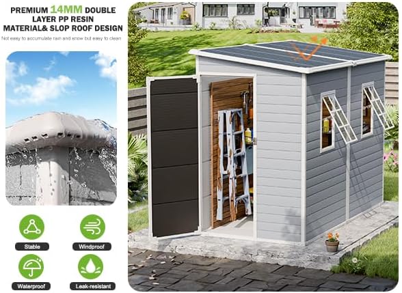 8x4 Outdoor Storage Shed, Lean to Shed with Floor for Patio and Garden, Waterproof Resin Plastic Storage Unit with Lockable Door & Awning Windows