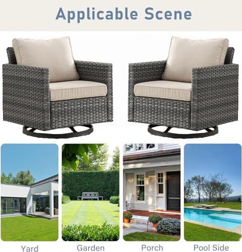 Chair, 360-degree Swivel Wicker Patio Rocker Chair Set of 2 with Side Table, Queen Anne Style, Grey/Beige, Outdoor Furniture