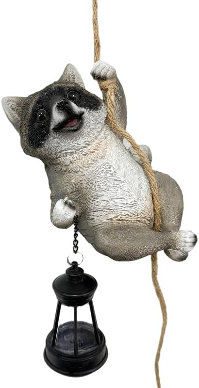 Raccoon Garden Decor Outdoor Statues Resin Climbing Twine with LED Light Waterproof Hanging Animal Figurine for Garden Wall Balcony Tree Decoration Gift