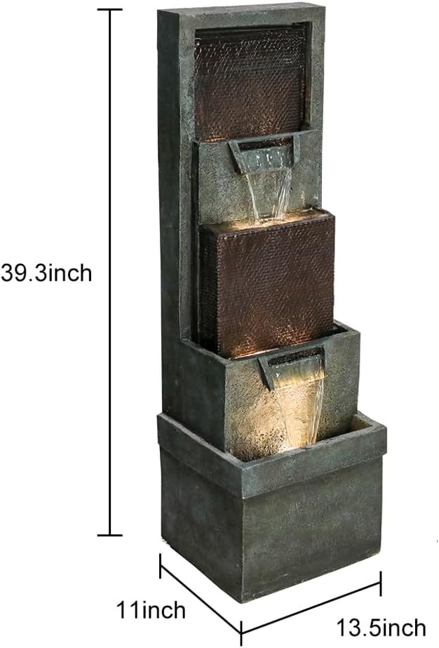 39.3" Outdoor Garden Water Fountain - Outdoor/Indoor Waterfall Floor-Standing Fountains with LED Lights for Yard, Floor Patio, Backyard and Home Art Deco