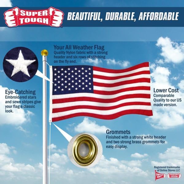 Super Tough 2ft x 3ft Sewn Nylon American Flag (Imported) | All-Weather Outdoor Flag | Embroidered Stars & Sewn Stripes | Heavy Canvas Heading with Brass Grommets | Fade & Fray Resistant