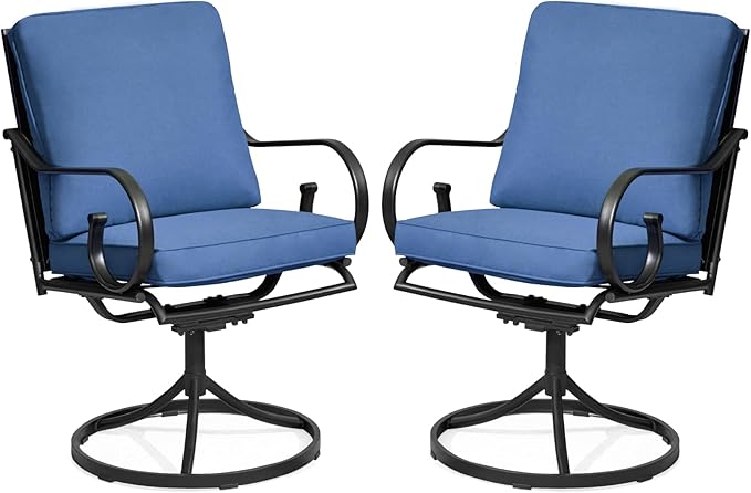 MELLCOM Patio Swivel Chair Set of 2, Outdoor Dining Chairs with Thickened Cushions, Metal Patio Chairs Gentle Rocker for Outside, Garden Lawn & Porch, Blue