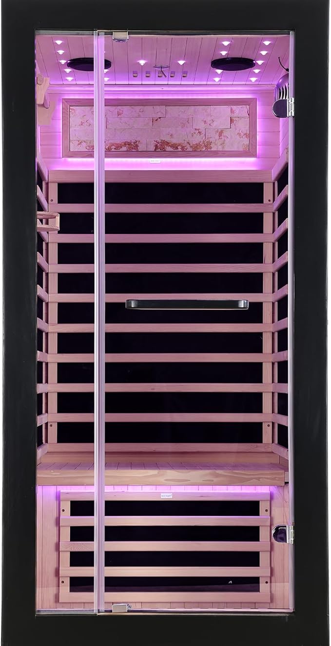 Far Infrared Sauna Home Sauna Indoor 1 Person Hemlock Wood Saunas 1450W 120V with Red Light Bluetooth Speakers 35.4"x35.4"x70.9"
