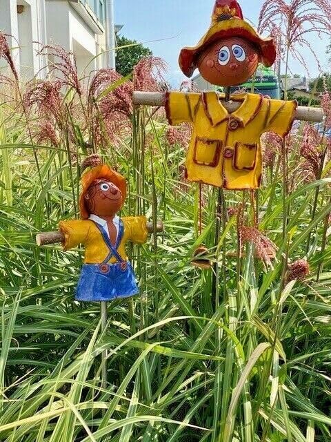 Ceramic Garden Decor - Scarecrow Lawn stake, yellow - Outdoor statue - Perfect, unique gifts for gardeners woman, men, yard gifts - Handmade, Frostproof
