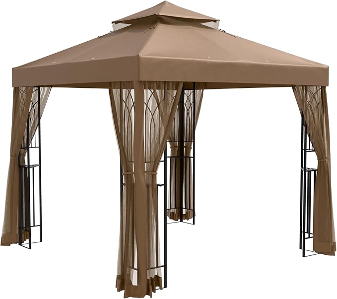 EAGLE PEAK 8x8 Patio Gazebo with Mesh Netting, Double Roof Outdoor Pavilion with Corner Shelves for Lawn, Deck, Garden and Backyard, Brown