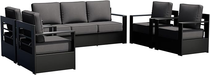 Outdoor Patio Furniture Set, 5-Piece Aluminum Patio Conversation Set All-Weather Metal Outdoor Sectional with 6 Inch Thick Cushions, Deep Setting for Garden, Outside and Porch