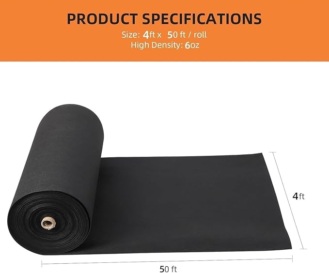 Towallmark Geotextile Landscape, 4ft x 50ft & 6oz Geotextile Fabric, PP Drainage 350N Tensile Strength & 440N Load Capacity, for Driveway & Road Stabilizationr, Erosion Control, French Drains