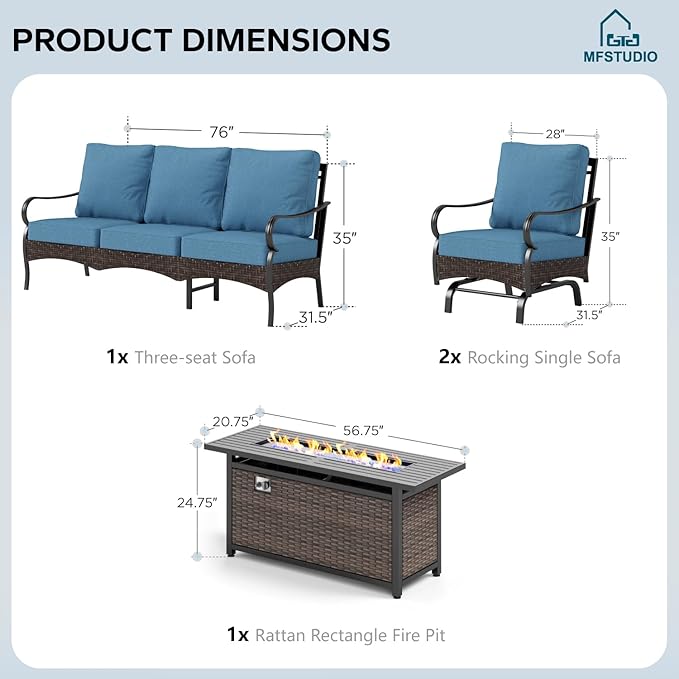MFSTUDIO 4 Pieces Outdoor Patio Furniture Set, Metal Outdoor Conversation Set, Rattan Wicker Patio Sectional Set with 2 x Rocking Single Sofa, 3-Seat Sofa, 1 x Fire Pit Table, Navy Blue