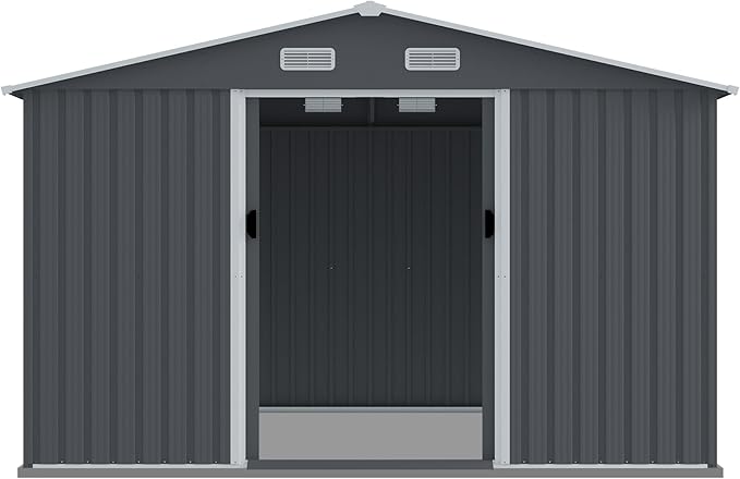 Outdoor Storage Shed 8 x 10 FT Large Metal Tool Sheds, Heavy Duty Storage House with Sliding Doors with Air Vent for Backyard Patio Lawn to Store Bikes, Tools, Lawnmowers Grey