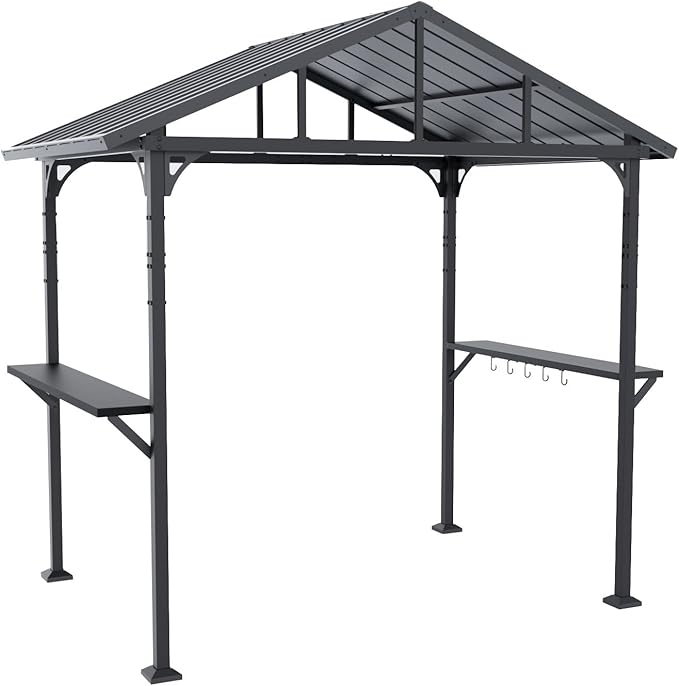 Gotland 8' x 5' Grill Gazebo, Outdoor Metal BBQ Gazebo with Triangular Structure Roof & Drainage Holes, Grill Canopy with 2 Side Shelves, for Deck Lawn Backyard