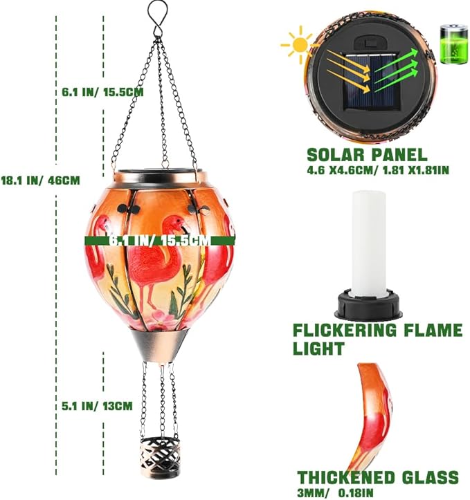 Hot Air Balloon Solar Lantern - Flamingo Stained Glass Lantern, Simulated Flickering & Dancing Flame, Outdoor Hanging Yard Light Waterproof IP65 for Patio Lawn Porch Decor Gift