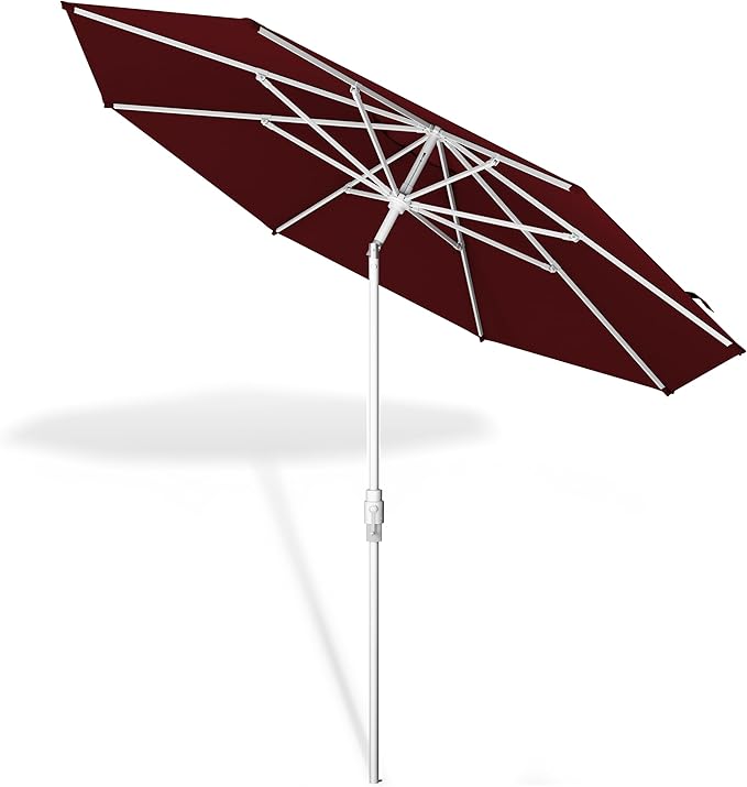 Midtown Umbrellas The Swilt 8 Feet Patio Umbrella in Sunbrella Burgundy Acrylic Fabric - Fiberglass Ribs, Auto-Tilt Aluminum Frame For Backyard, Deck, Garden, Pool - White Pole