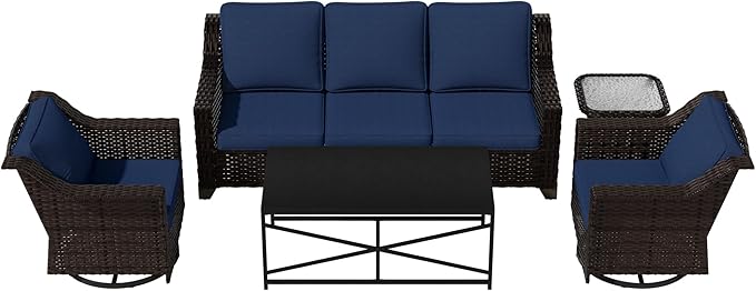 Vista Vibe 5 Pieces Outdoor Rattan Patio Conversation Furniture Set - 78" 3-Seat Sofa | 2 Swivel Glider Rocker Chairs | Wicker End Table | Metal Table, Upholstered Loveseat, Deck (Brown/Navy)