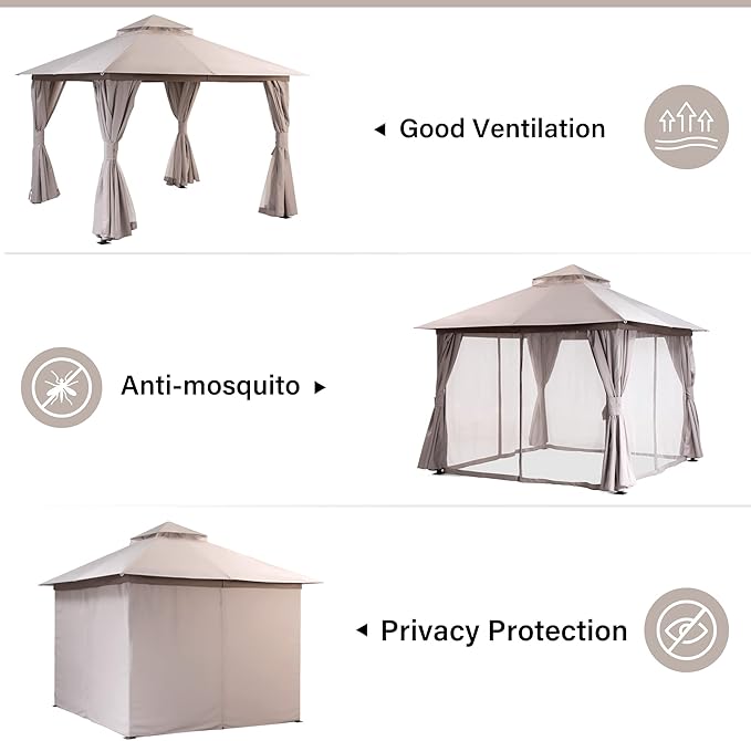 LAUSAINT HOME Outdoor Patio Gazebo 10'x10' with Expansion Bolts, Heavy Duty Party Tent & Shelter with Double Roofs, Mosquito Nettings and Privacy Screens for Backyard, Garden, Lawn, Champagne Khaki