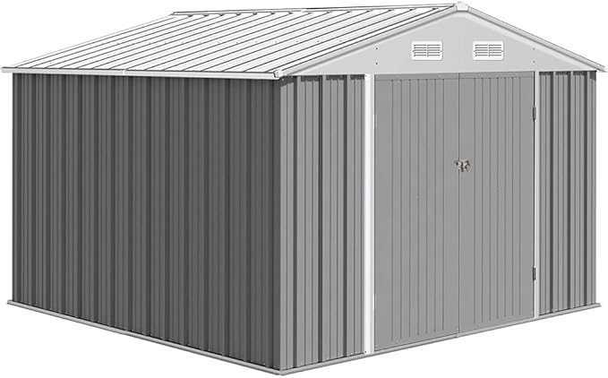 8X10FT Metal Outdoor Storage Shed - Galvanized Steel Waterproof Garden Shed with Lockable Doors & Vents, All-Weather Utility Tool Shed for Lawn Mower, Bike