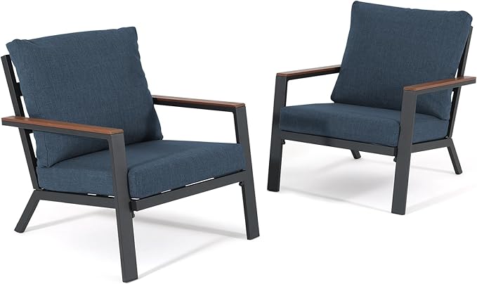 Soleil Jardin Aluminum Patio Furniture Armchair Set of 2, Outdoor Patio Chair with FSC Certified Solid Wood Top, Outdoor Conversation Set Deep Seating Single Chair w/Removable Cushion, Denim Blue