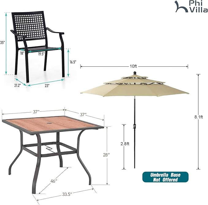 PHI VILLA 5 Pieces Patio Dining Set for 4 with 10ft Patio Umbrella, Metal Outdoor Stackable Wrought Iron Chair Set of 4 & 37" Metal Wood-Like Dining Table,3 Tier Vented Market Table Beige Umbrella