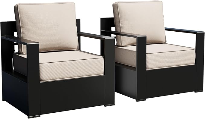 Outdoor Patio Furniture Aluminum Patio Chairs, All-Weather Metal Outdoor Chair with 6 Inch Thick Cushions, Deep Setting for Garden, Outside and Porch