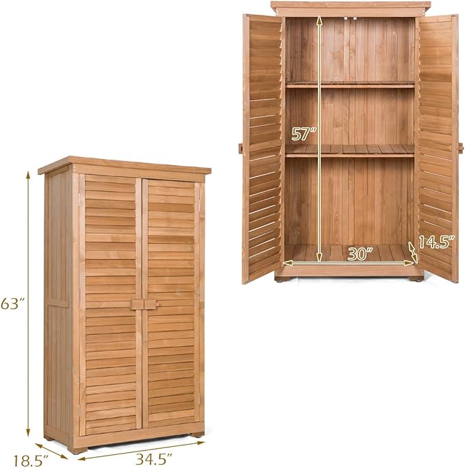 S AFSTAR Outdoor Storage Shed, Wooden Tool Storage Shed w/Detachable Shelves & Pitch Roof & Shutter Vents, Garden Storage Cabinet for Backyard Patio Deck Porch, 34.5”L x 18.5”W x 63”H, Natural