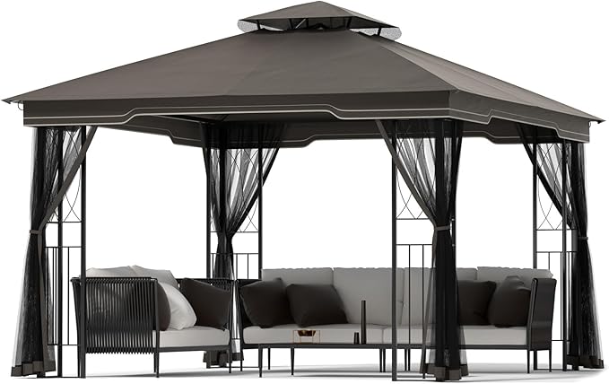 11x13 Outdoor Patio Gazebo with Mosquito Netting and Corner Frame Screen Wall, Double Roofs Metal Frame Party Canopy Tent Shelter for Backyard Garden Deck - Brown
