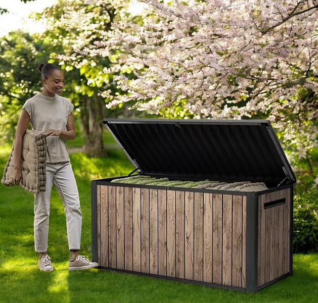 Outdoor Storage Deck Box, 170 Capacity, 27.7L x 57W x 29H inches (Ash Wood Brown)