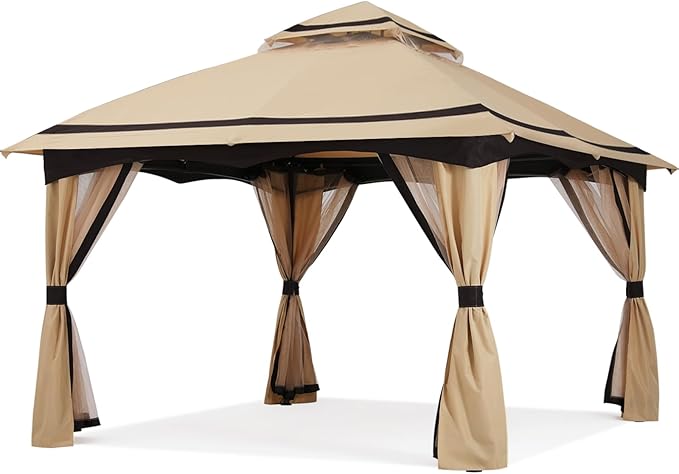 MASTERCANOPY 10x12FT Outdoor Patio Gazebo with Mosquito Netting for Backyard, Patio, Garden Beige