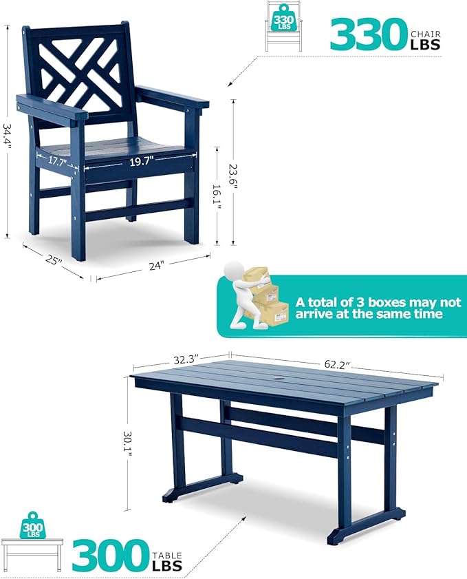 5 Piece HDPE Outdoor Dining Set for 4 Patio Dining Furniture Set with Umberlla Hole, Weather Resistent Outdoor Table and Chairs for Garden, Poolside, Backyard, Deck, Blue