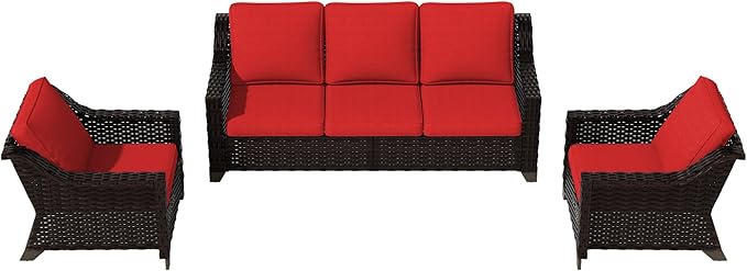 Vista Vibe 3 Pieces Outdoor Patio Conversation Furniture Set - 78" 3-seat Sofa | 2 Wicker Chairs, Deep Seat Loveseat, Removable Cushions, Hand-Woven PE Rattan Couch, Balcony (Brown/Red)