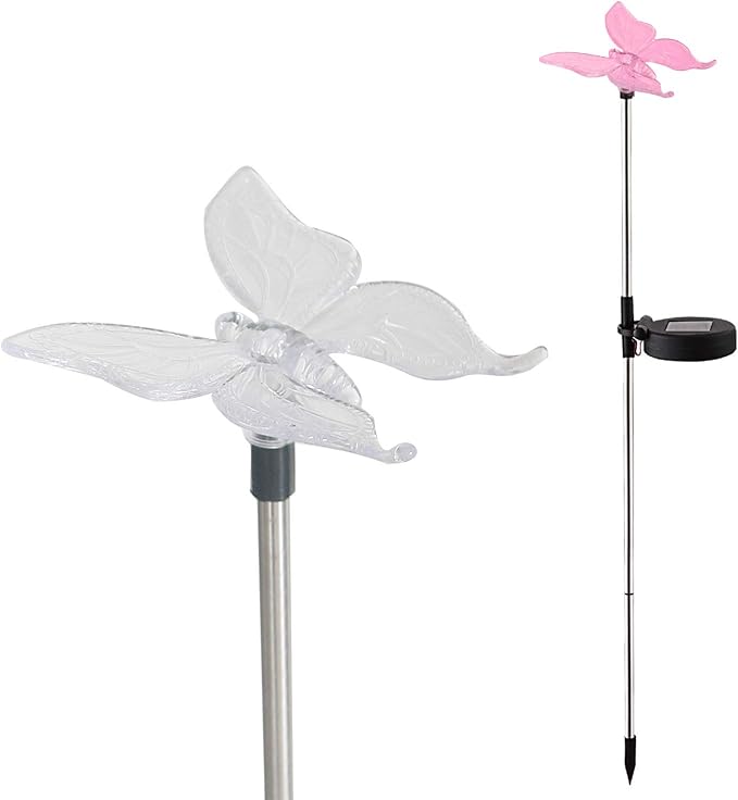 Outdoor Waterproof Color Changing Solar Garden Stake Light with Vivid Butterfly Figurine, LED Garden Landscape In-ground Path Light for Yard Lawn Halloween Christmas Decorations Flower Beds 2 Pack