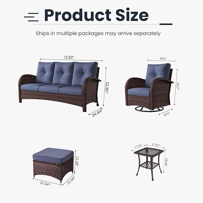 6 Pieces Patio Furniture Sets, Wicker Rattan High Back Outdoor Swivel Rocking Chairs Set with 3-Seat Couch, Ottomans and Side Table
