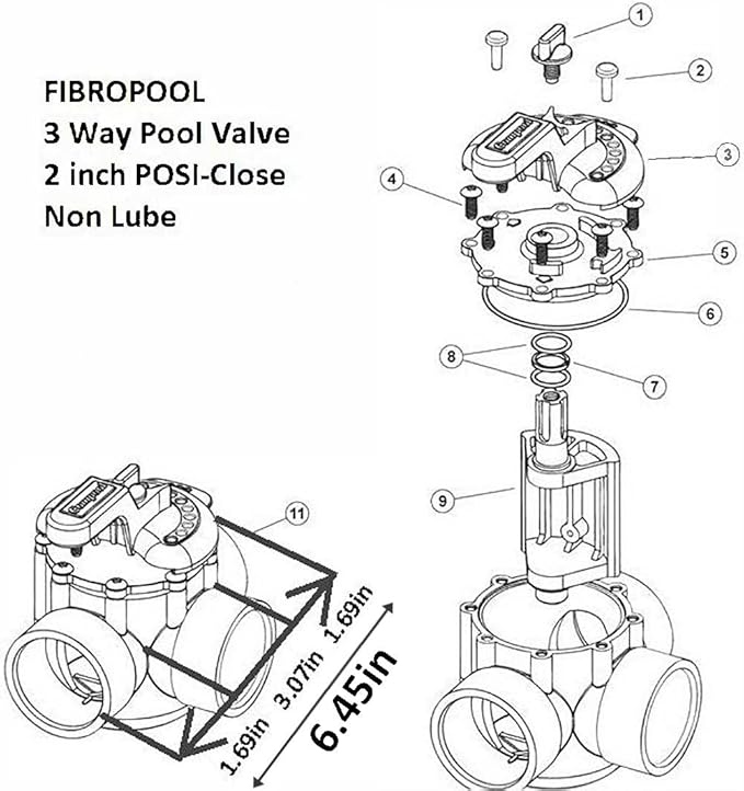 FibroPool Swimming Pool Diverter Valve - 2 Inch - 3 Way - Positive Seal & Non Lube Replacement Valve for Pools and Spas
