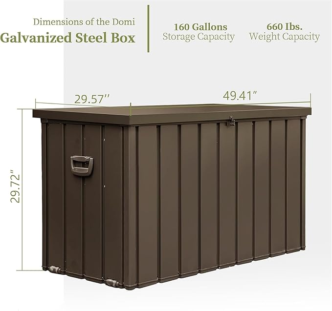 CHUNLY 160 Gallon Outdoor Metal Deck Box, Waterproof Patio Storage Box Large Storage Bench for Outside Cushions, Garden Tools, Pool Accessories (Dark Brown)