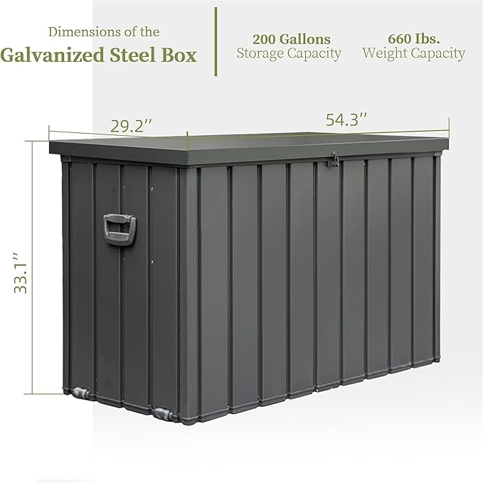 JOSHEN 200 Gallon Outdoor Storage Deck Box with Lockable and Mobile Roller,Large Steel Container Bin with Waterproof and UV Resistant for Garden,Patio,Dark Gray