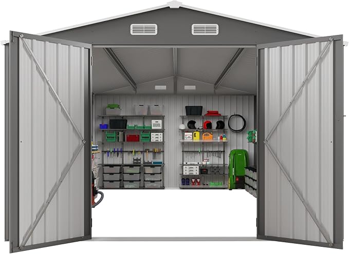 10x14 FT Large Outdoor Storage Shed,Durable Metal Garden Shed with Three Lockable Doors and Two Windows,Waterproof Tool Shed for Backyard Patio,All-Weather Shelter for Bike,Lawn Mowers,Grey
