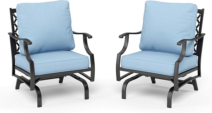 HERA'S HOUSE Outdoor Chairs Set of 2, 2 x Patio Chair with Blue Cushions, All Weather Outdoor Furniture for Lawn Garden Backyard Deck(Rocking Chairs)
