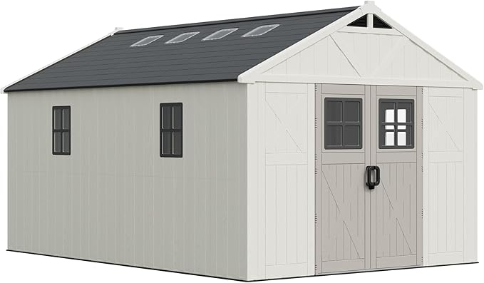 Greesum 10×14 FT Plastic Outdoor Storage Shed with Floor and Lockable Door, Resin Sheds with Windows and Skylights, Weather Resistant Organization for Garden, Lawn, Pool Supplies, Beige
