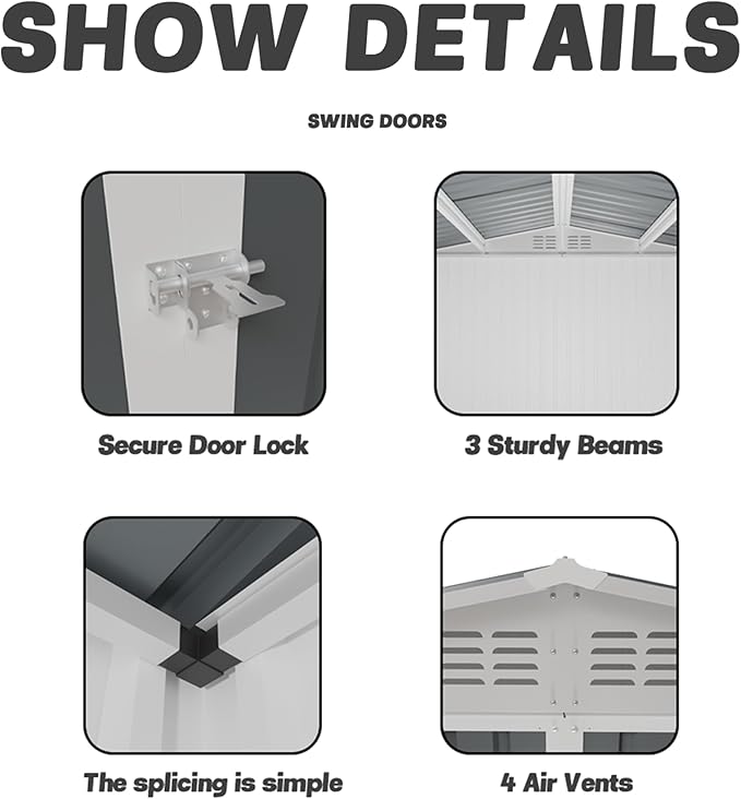 10x8 FT Outdoor Storage Shed with Foundation,Metal Aluminum Tool Sheds,Heavy-Duty Sheds with Sloped Roof, Air Vent and Hinge Doors,Garden Shed Bike Shed for Backyard Patio Lawn,Cream White