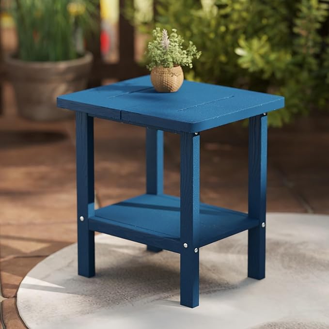 Kingdura Adirondack Outdoor Side Table, 16 x 13 Inches HDPE Plastic Outside End Tables for Patio Pool Porch Backyard Indoor, 2 Tiers Storage Shelf, All Weather Resistant, Easy Maintenance (Navy Blue)