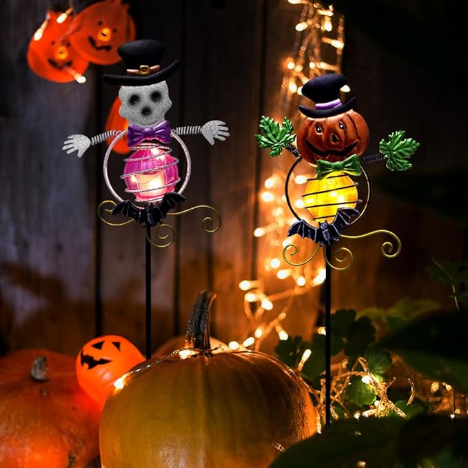 Solar Halloween Decorations Outdoor,2 Pack Pumpkin&Skull Halloween Metal Yard Stakes,Solar Yard Signs Decorative Garden Stakes for Outside Lawn Patio Pathway