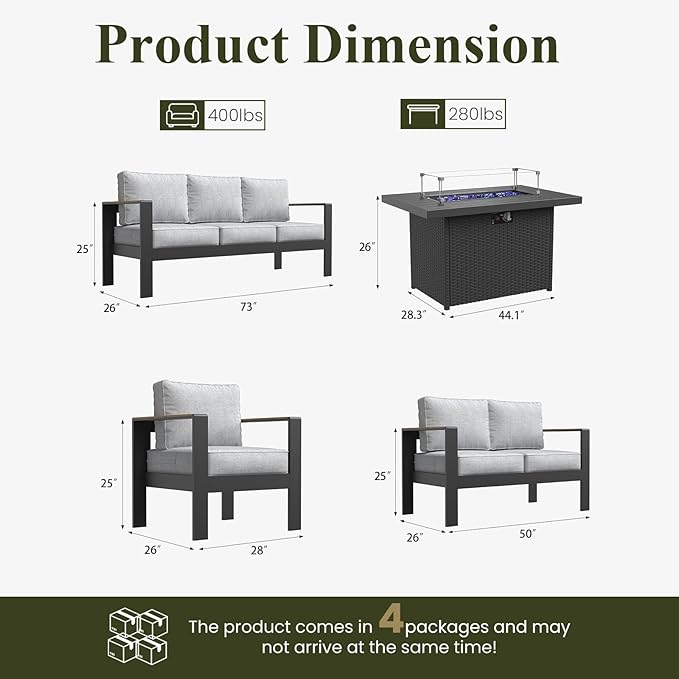 LayinSun 5 Piece Aluminum Outdoor Furniture Set with Fire Pit Table, Outside Patio Deep Seating Conversation Set with Upgraded Washable Thick Cushion
