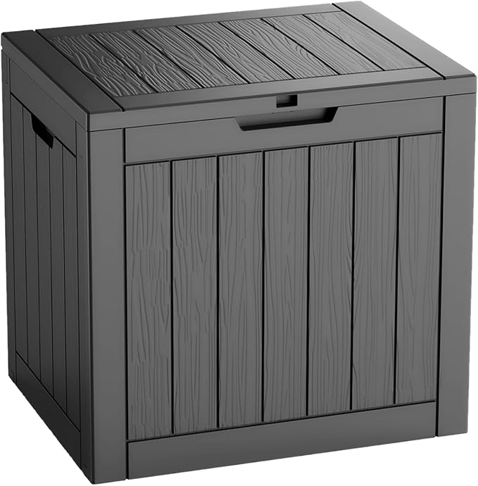 30-Gallon Outdoor Deck Box with Wood-Grain Finish, UV Resistant Waterproof Storage Container with Lock, Storage Box for Camping, Garden & Backyard, Multi-Functional Seat and Table, Black