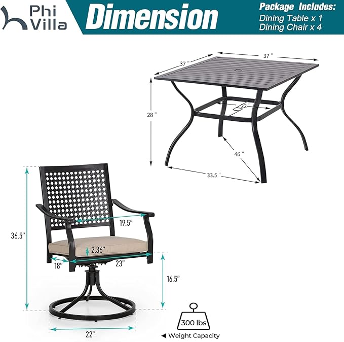 PHI VILLA 5 Pieces Outdoor Dining Set for 4, 37" Square Metal Wrought Iron Table with Umbrella Hole & Swivel Steel Chairs with Cushions, Modern Furniture Set for Patio, Deck, Porch, Yard