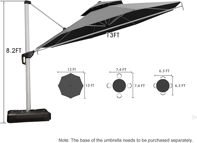 PURPLE LEAF 13 Feet Double Top Round Deluxe Patio Umbrella Offset Hanging Umbrella Outdoor Market Umbrella Garden Umbrella, Grey